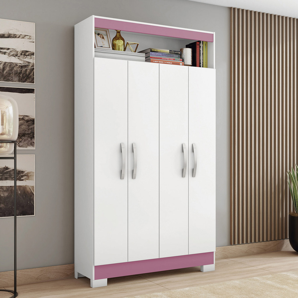 Armário Grande Multiuso Para Quarto Lavanderia Escritório 4 Portas Moderna Branco/Rosa - Notável