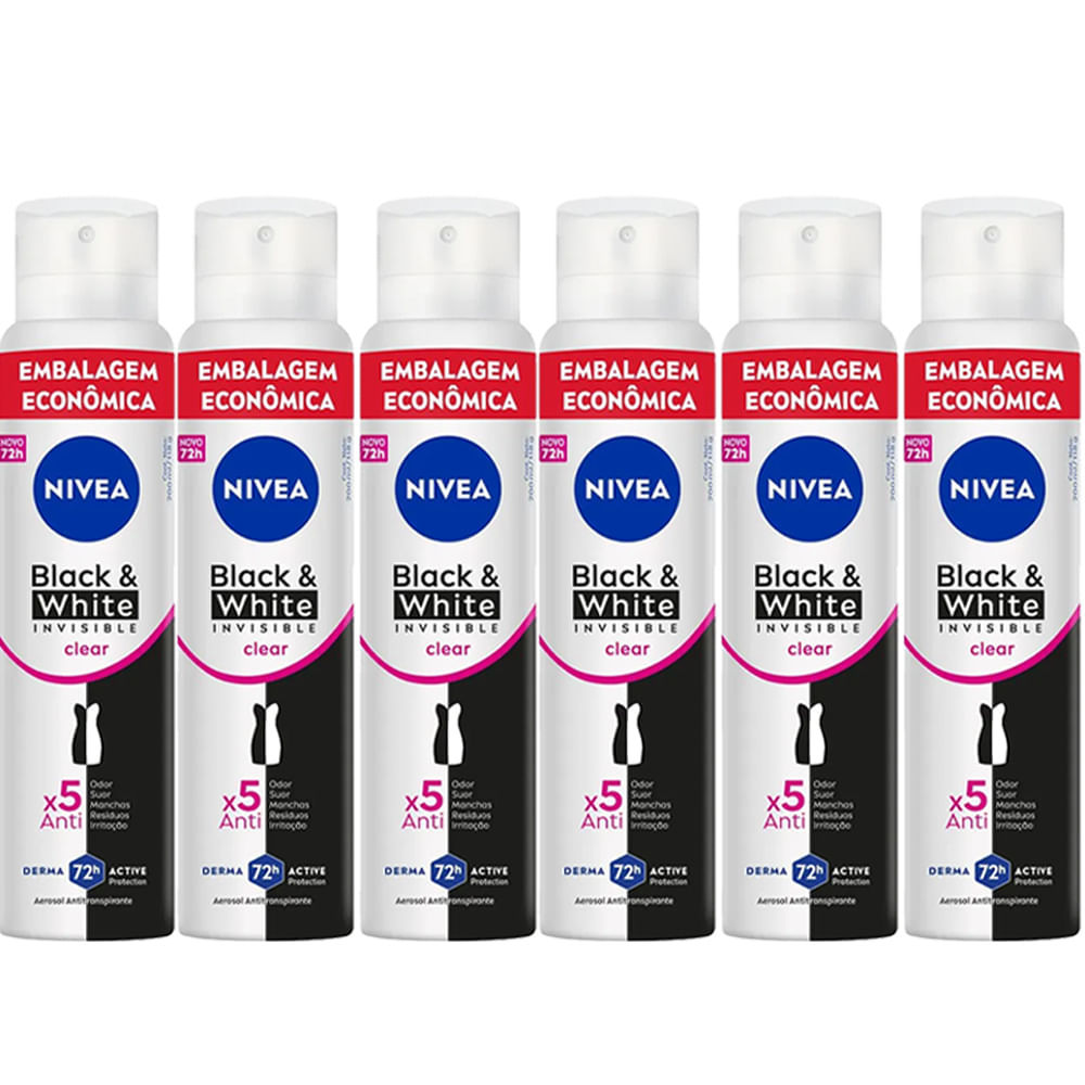 Kit Desodorante Aerosol Nívea Black & White Feminino 200ml - 6 unidades