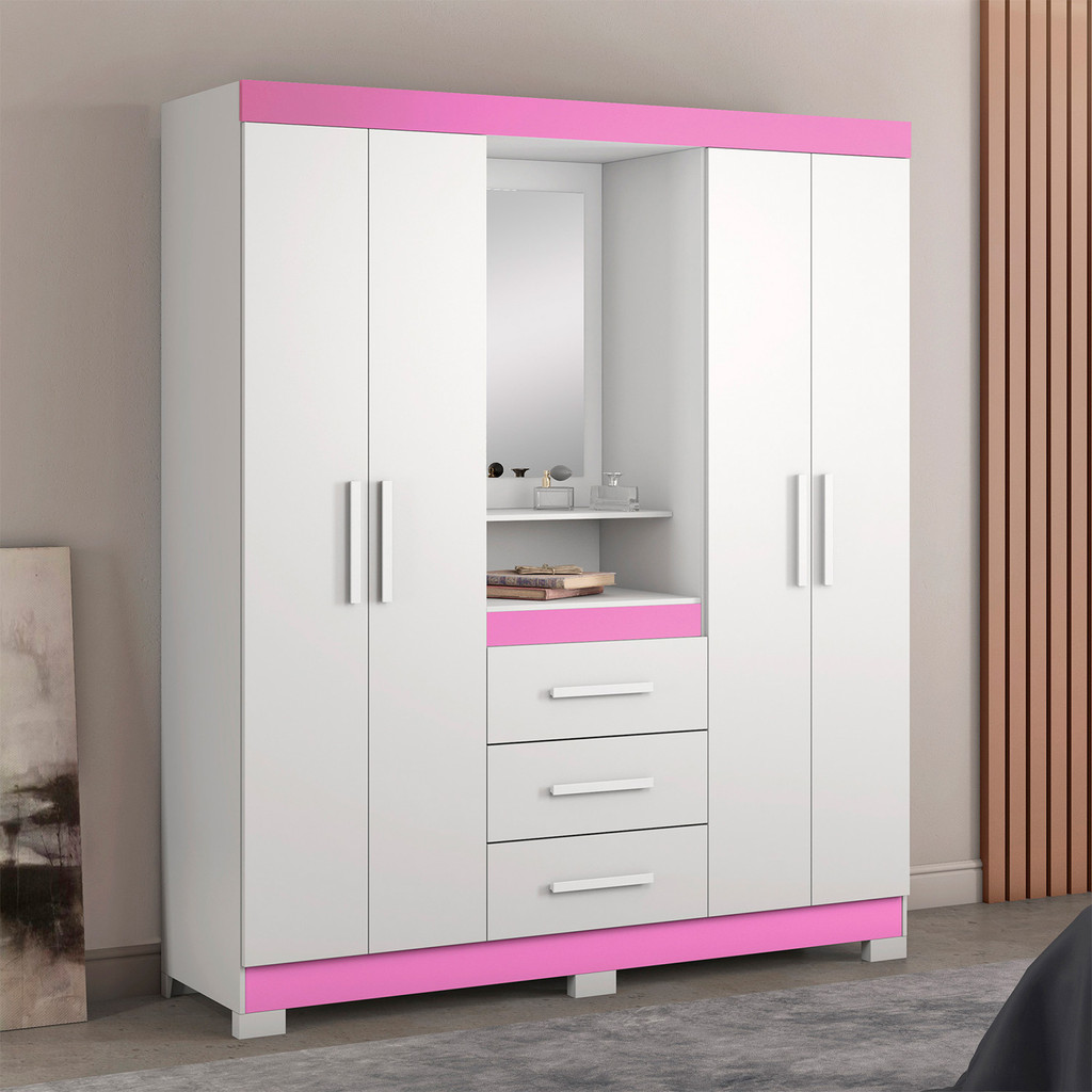 Guarda-Roupa de Casal 4 Portas 3 Gavetas para Quarto Huntano Moderno com Espelho Rosa - MoveisAqui