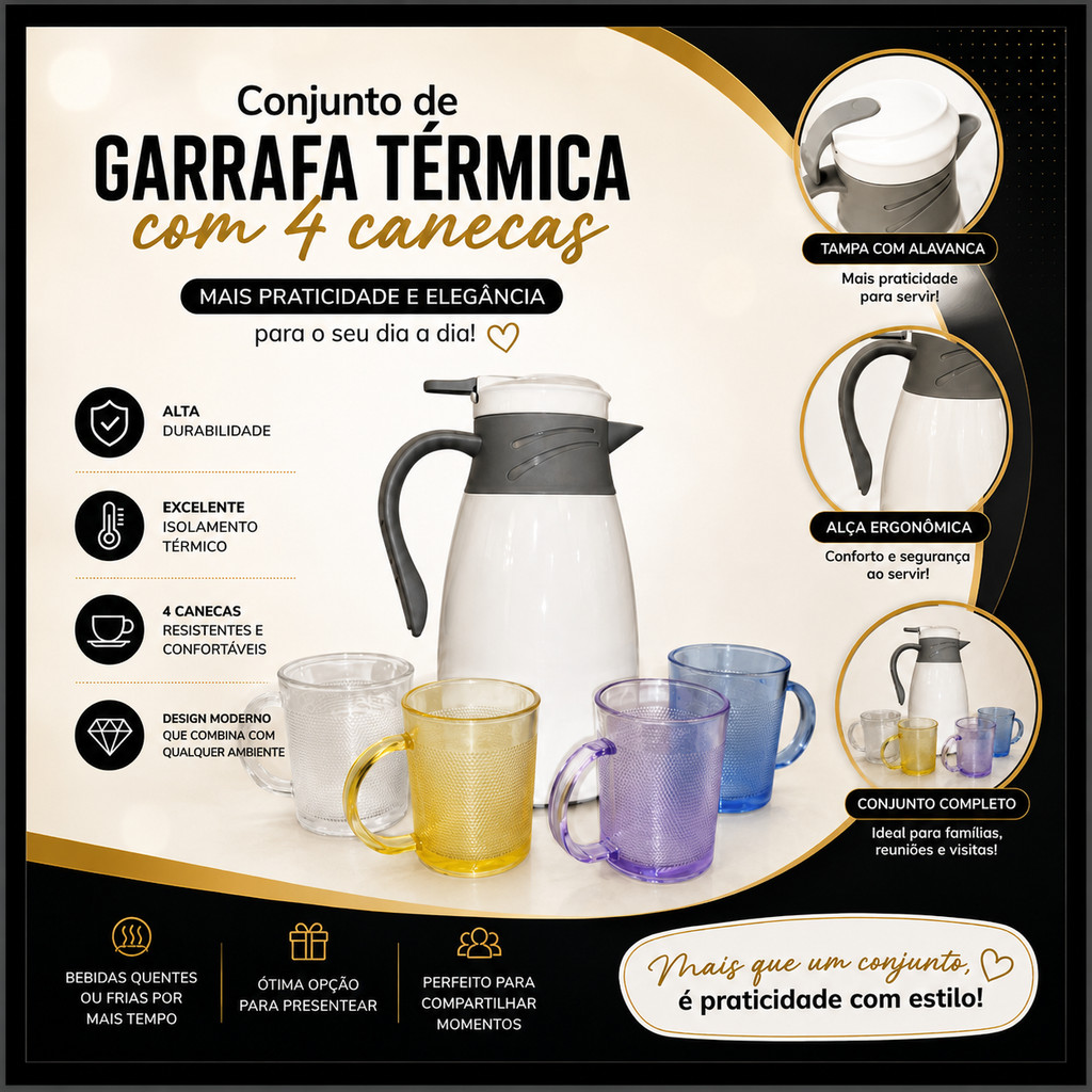 Conjunto Garrafa Térmica 1 Litro com 4 Canecas Kit Café Chá Mesa Posta Luxo Premium Moderna Elegante