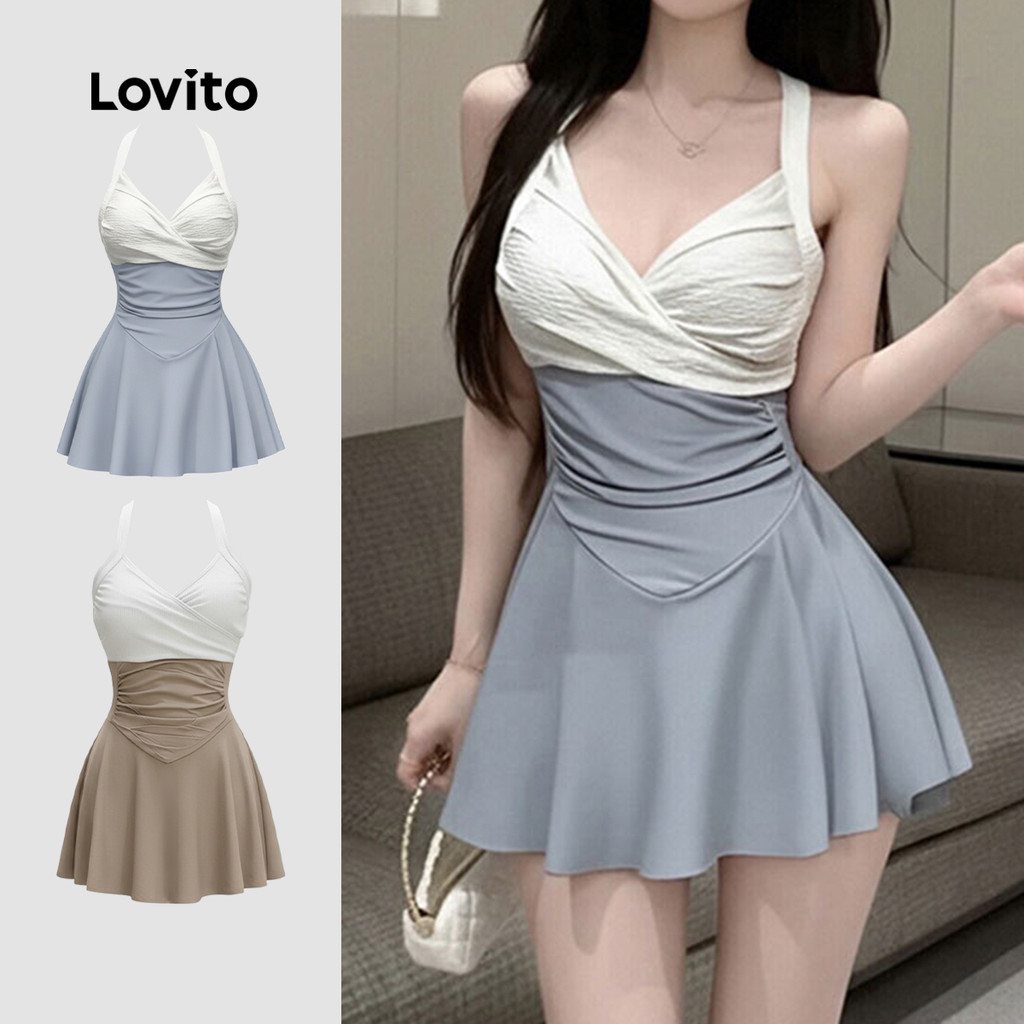 Lovito Maiô Elegante de Uma Peça Bicolor Refinado Cinza Claro para mulheres LNE141051