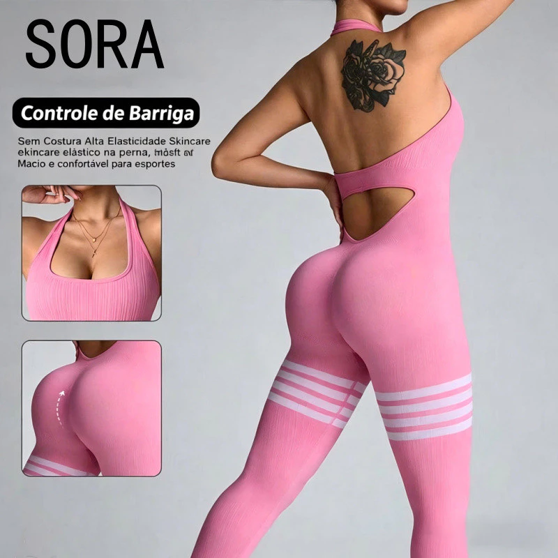 Novo modelo de macacão esportivo feminino sem costura, com decote halter, efeito modelador de bumbum, compressão abdomin — imagem 1