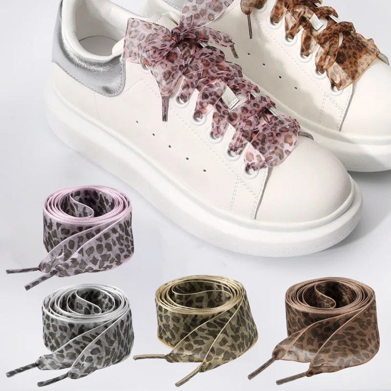 1 Par Elegante Leopardo Impressão Cetim Largo Cadarços Planos 2.5cm Fita Premium De Sapato Moda Feminina Na
