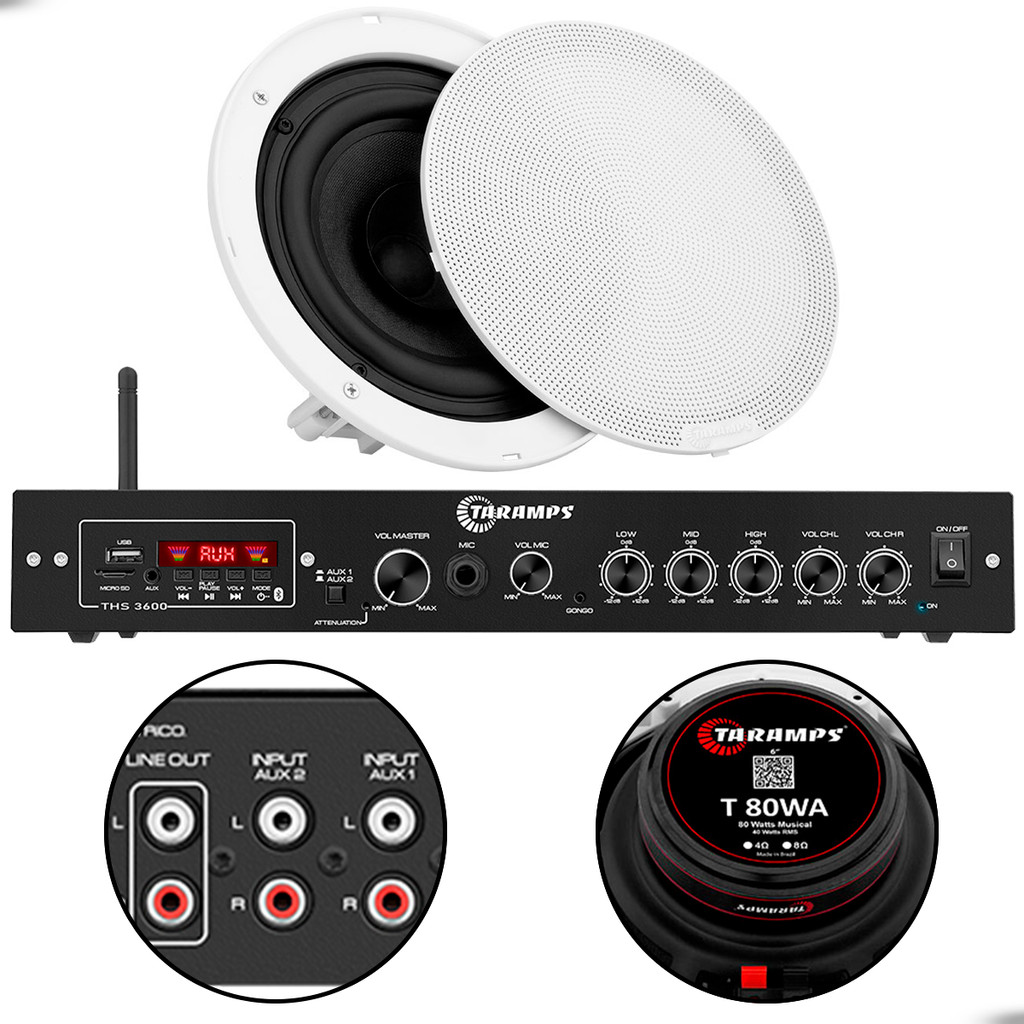 Kit Amplificador Taramps THS 3600 Bluetooth e Arandela Taramps Redonda Branca 8 Ohms 6" Som Residencial saida Line Out