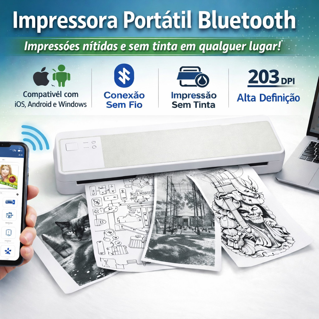 Impressora Térmica Portátil LOF-V Bluetooth Sem Tinta Alta Definição Compacta e Recarregável