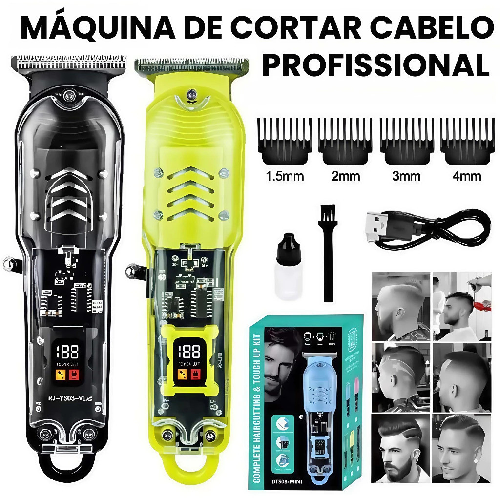 Cortador de Cabelo Profissional Sem Fio com Display LCD Inteligente e Barbeador Transparente para Homens