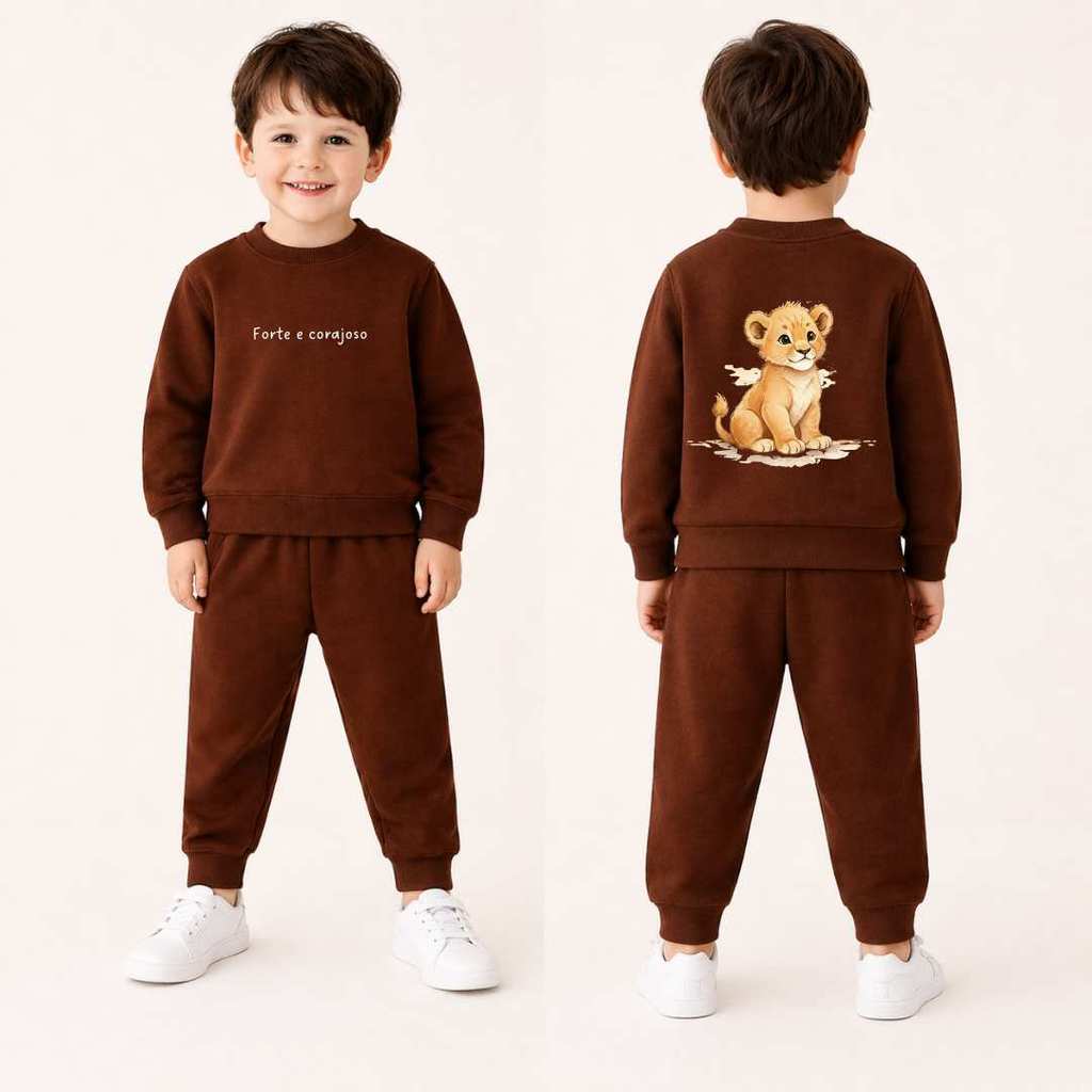 Conjunto Moletom Infantil Menino Inverno Peluciado Leão Safari Não Dá Bolinha Forte e Corajoso