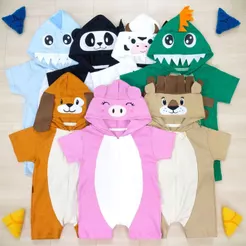 Macacão Manga Curta com Capuz Temático Fantasia Animal para Bebê Bichinhos Infantil Fazenda