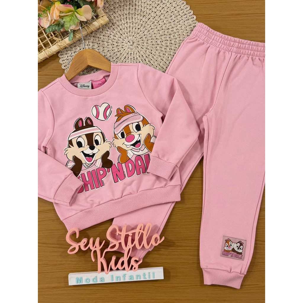 Conjunto Infantil Momi Inverno com Calça e Moletom Flanelado Rosa Tico e Teco Strass