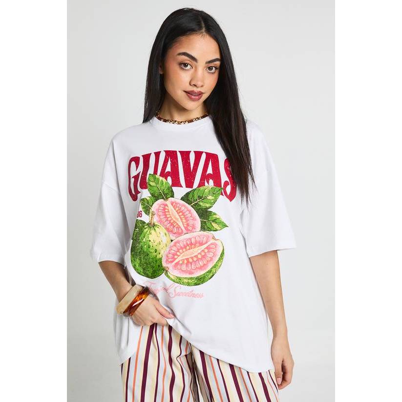 Camiseta Feminina Estampa Guavas Fruta Tropical Confortável Divertida Estilosa Moda Casual