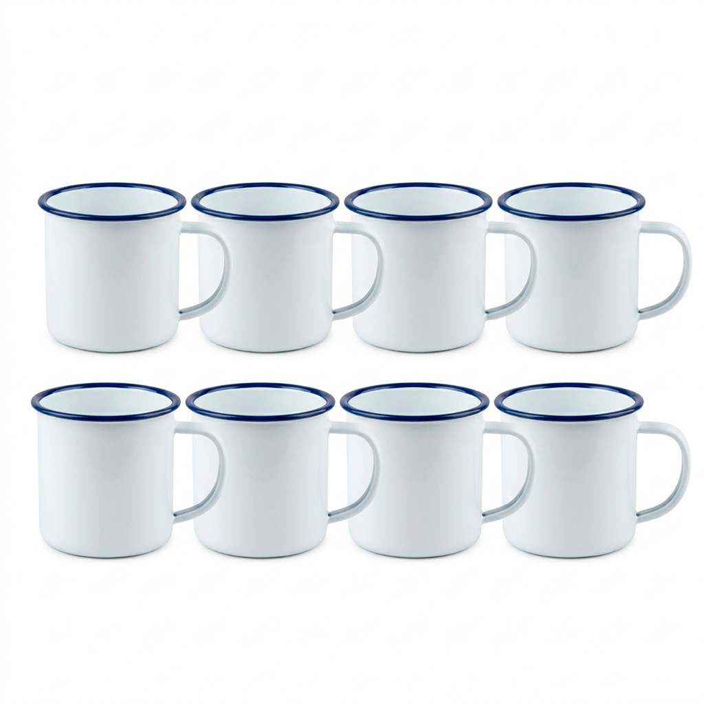 Kit 8 Canecas Esmaltada Agata Branca 240ml N8 Xicara Cafe Cha Retro Fazenda Decoracao Milla Grande