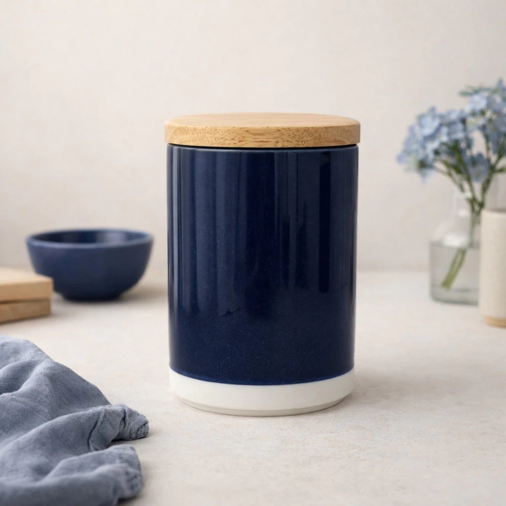 Pote Potiche de Cerâmica Azul Marinho Tampa Madeira Médio Decoração Cozinha