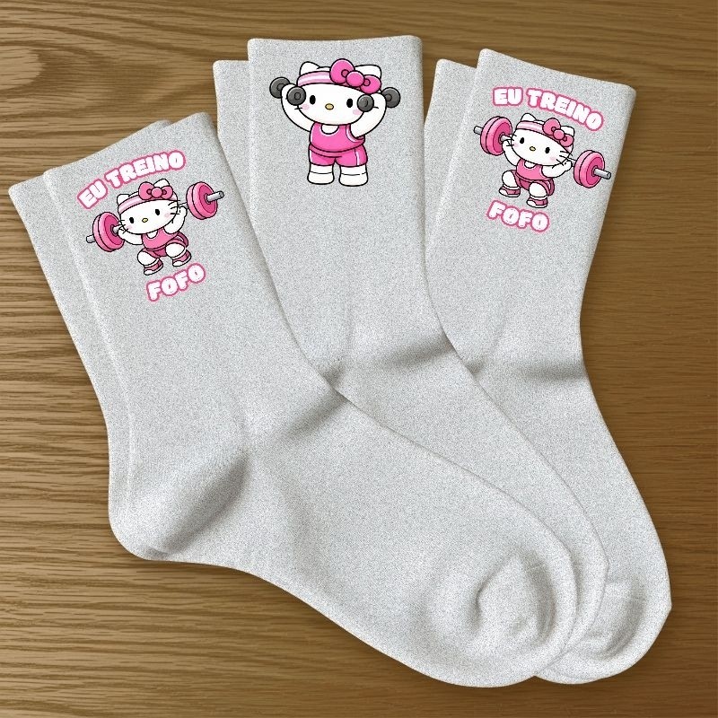 Meias Femininas Esportiva Hello Kitty Kit 3 Pares Algodão Premium Macias Conforto Academia