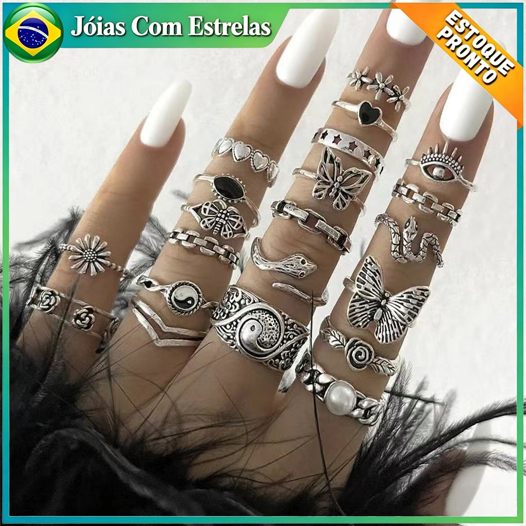 Conjunto De 21 Peças De Anel De Olho De Cobra De Flor Geom trica Conjunto De Anel De Amor De Borboleta Para Mulheres