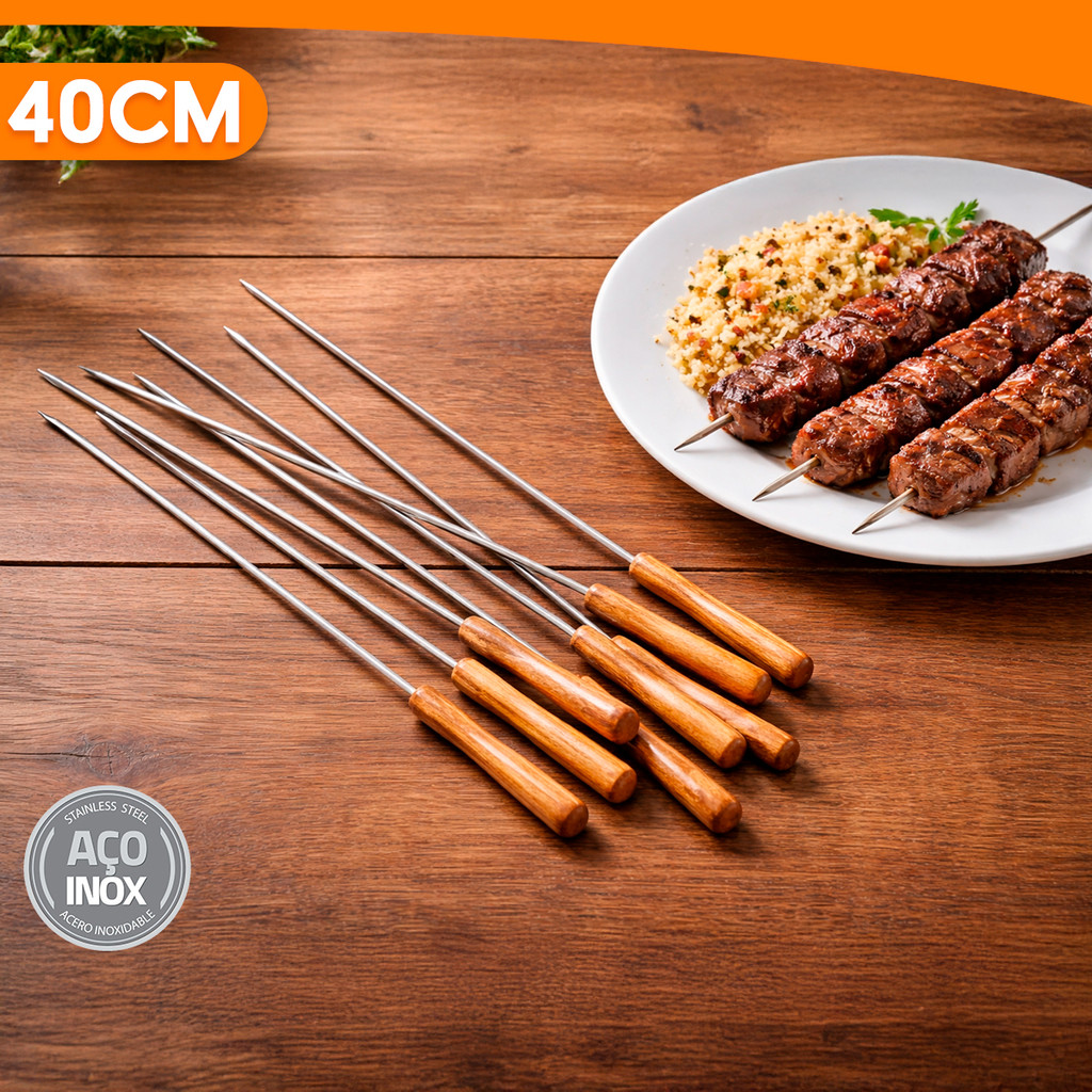Kit 10 Mini Espetos De Churrasco 40cm Espetinho Inox Cabo De Madeira Churrasqueira Grill Camping