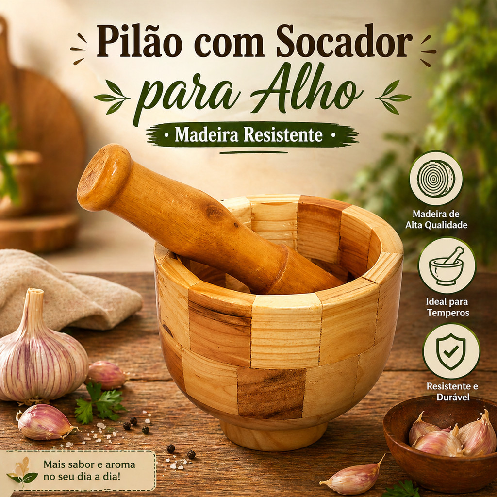Pilão com Socador para Alho em Madeira Resistente Utilidades Temperos Alhos Ervas Dia a Dia