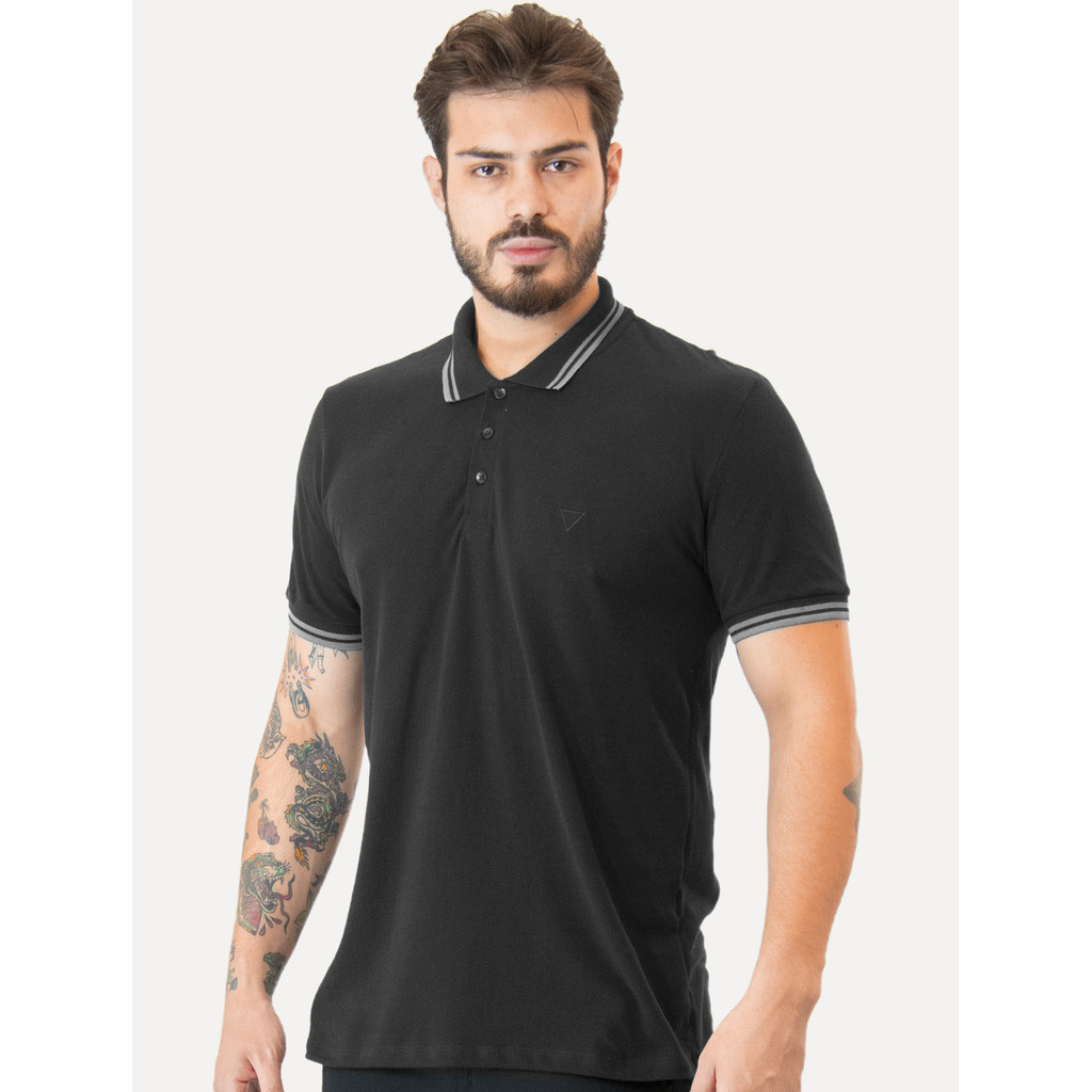 Polo Guess Masculina Piquet Outline Triangle Grey Frieze Preta