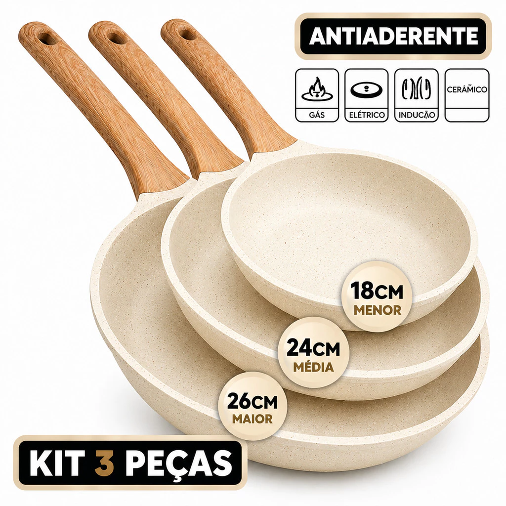 3 Frigideira 26cm e 24 cm e 18cm Creme Antiaderente Indução de Alumínio Revestimento Cerâmico Premium Cabo Madeira — imagem 1
