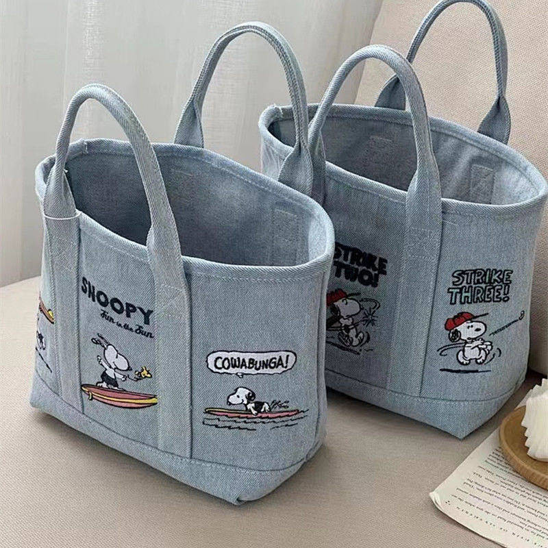 Bolsa De Lona Fofa Bordada Snoopy Para Fora Da Mão Carregando Lancheira Jeans hhy6