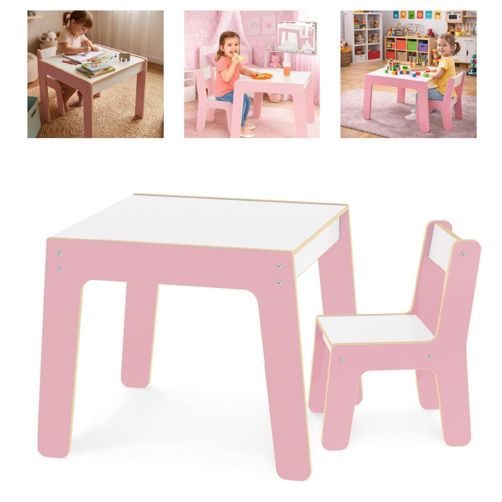 CONJUNTO MESA INFANTIL CADEIRA MADEIRA KIT MESINHA ROSA POLTRONA MDF CRIANCA ESCOLAR CADEIRINHA