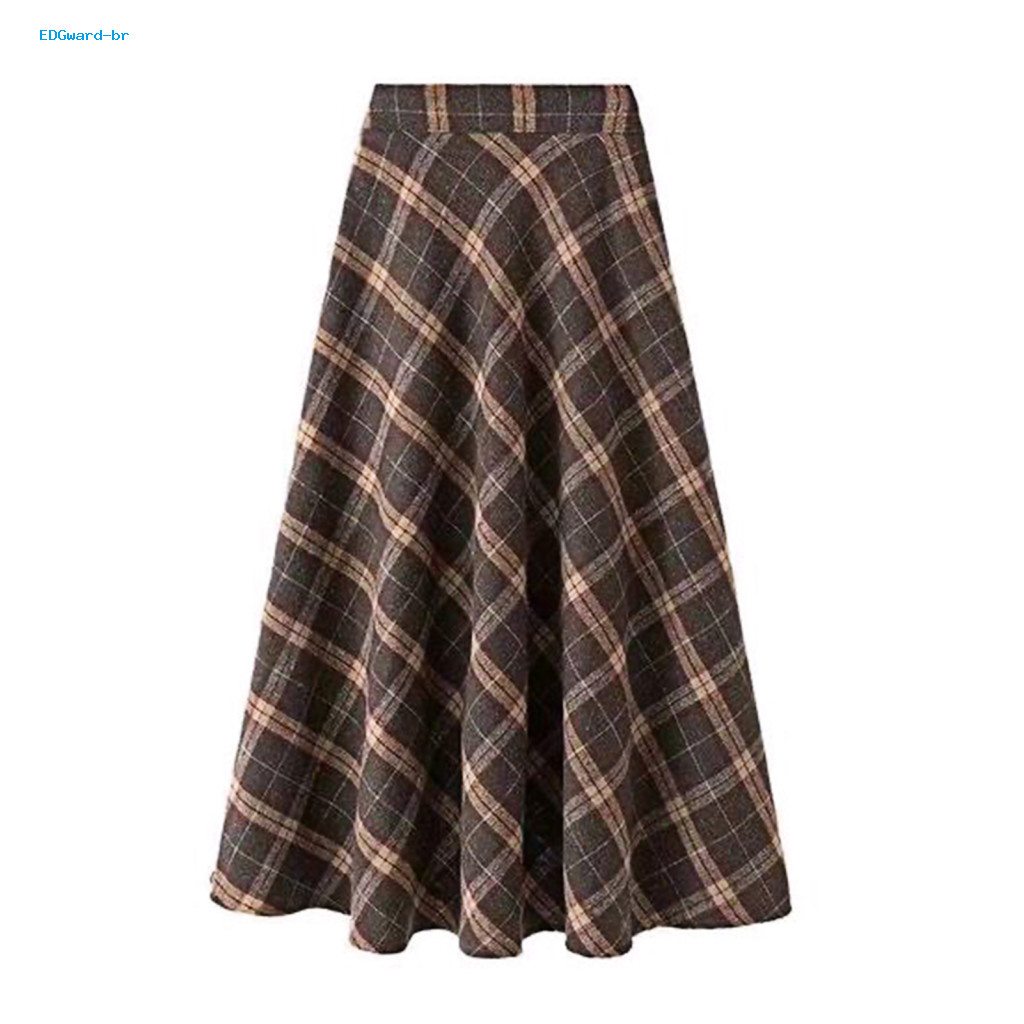 Detalhes do 2.br Women Midi Skirt Elastic High Waist Plaid Print Skater Skirt A-Line Large Hem Casual Skirt Commuting Streetwear