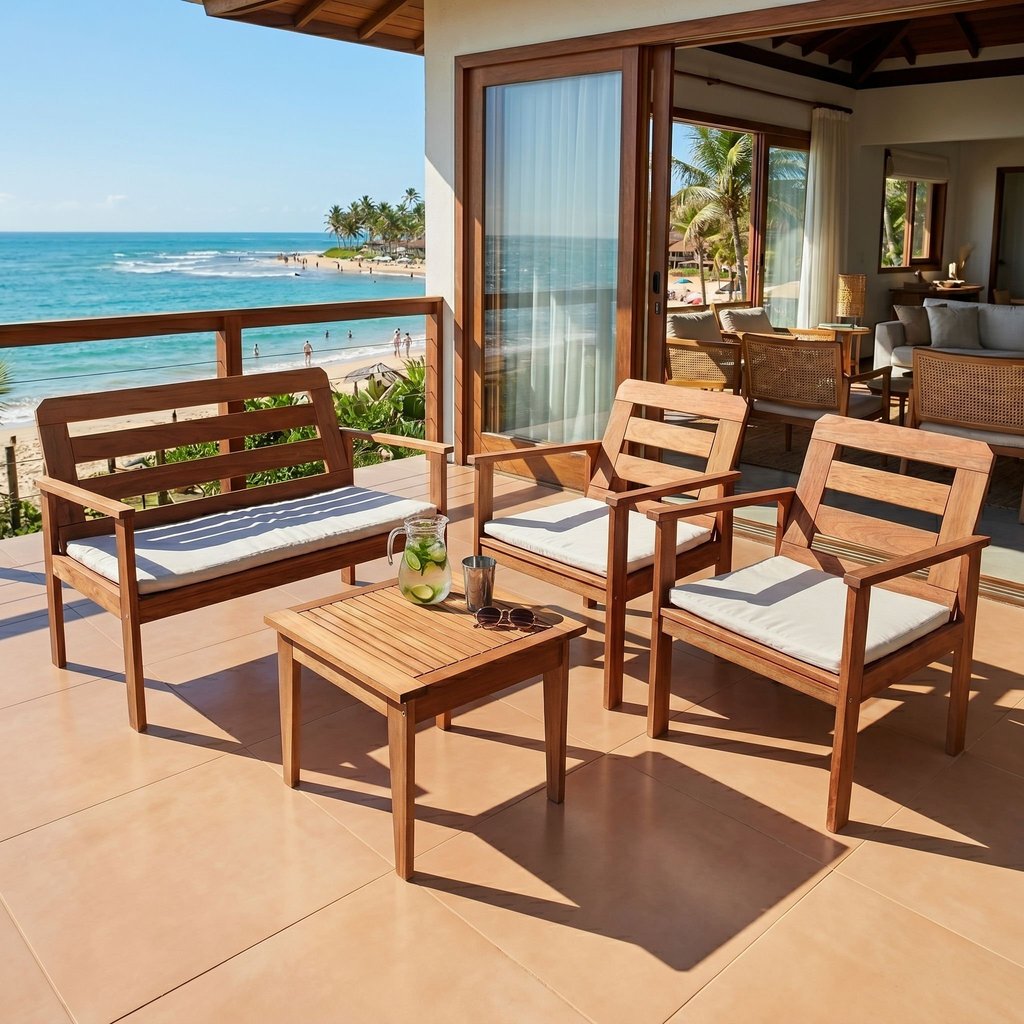 Conjunto para Jardim com 1 Sofá 2 Poltronas 1 Mesa de Centro Madeira Maciça Cairo Yescasa Marrom Sim