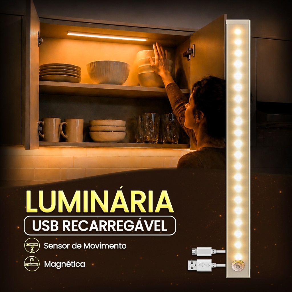 Luminária LED Recarregável USB com Sensor de Movimento Fixação Magnética Portátil Imã