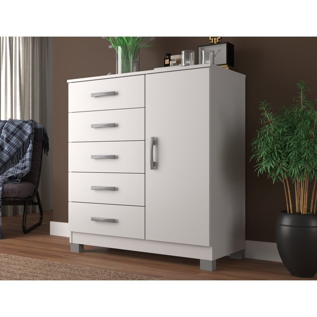 Cômoda Sapateira 1 Porta 5 Gavetas Zurique com Pés Branco Branco