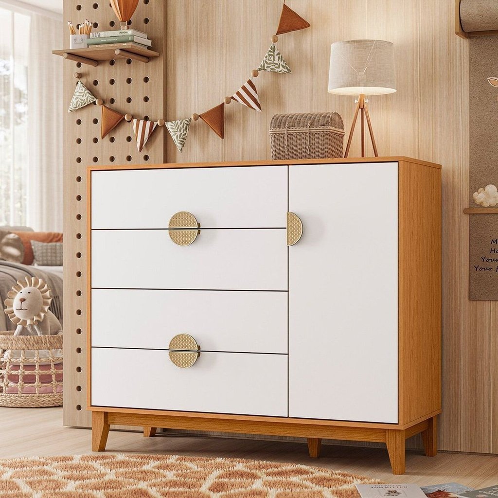 Cômoda Infantil 4 Gavetas e 1 Porta Kid em MDF Marrom/Cinamomo/Branco Cinamomo/Branco