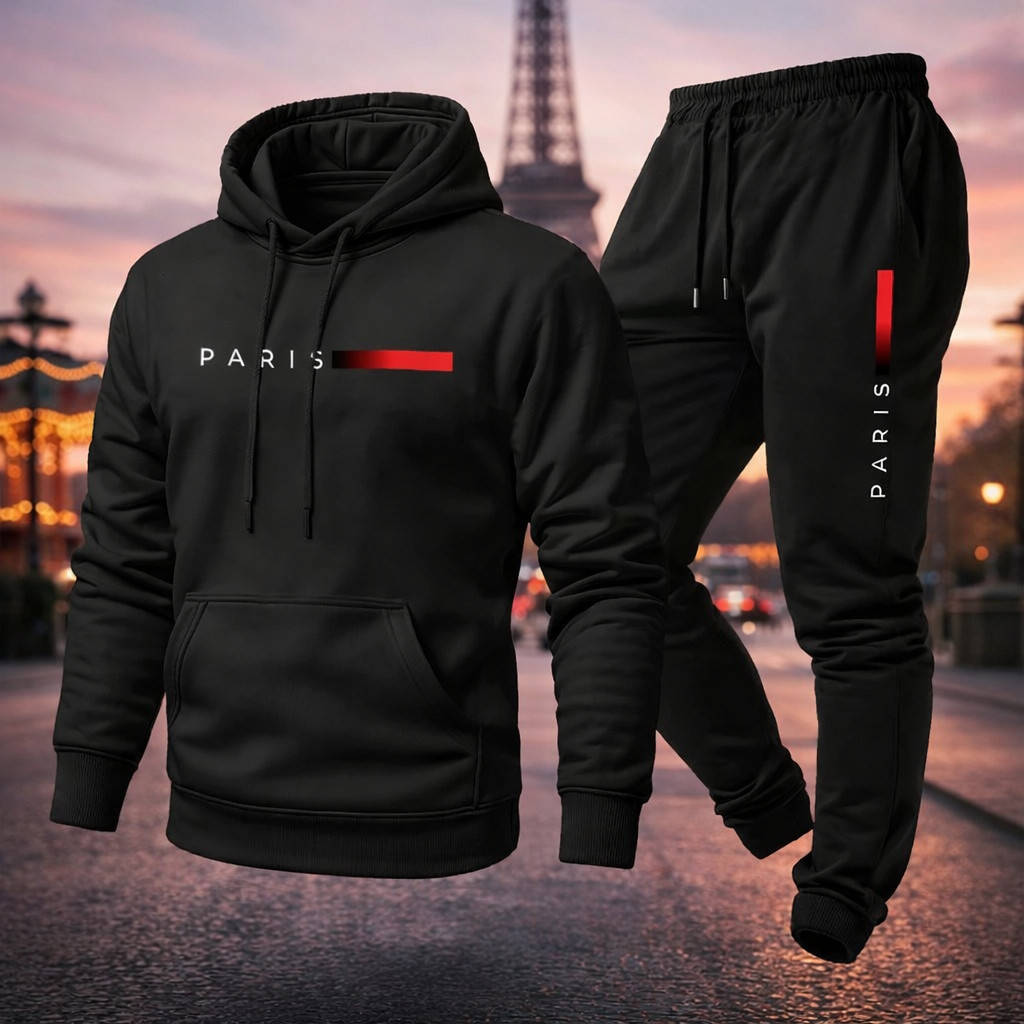 Conjunto Unissex Moletom estampa Paris Blusa e Calça  Capuz Bolso Canguru Masculino Feminino Algodão