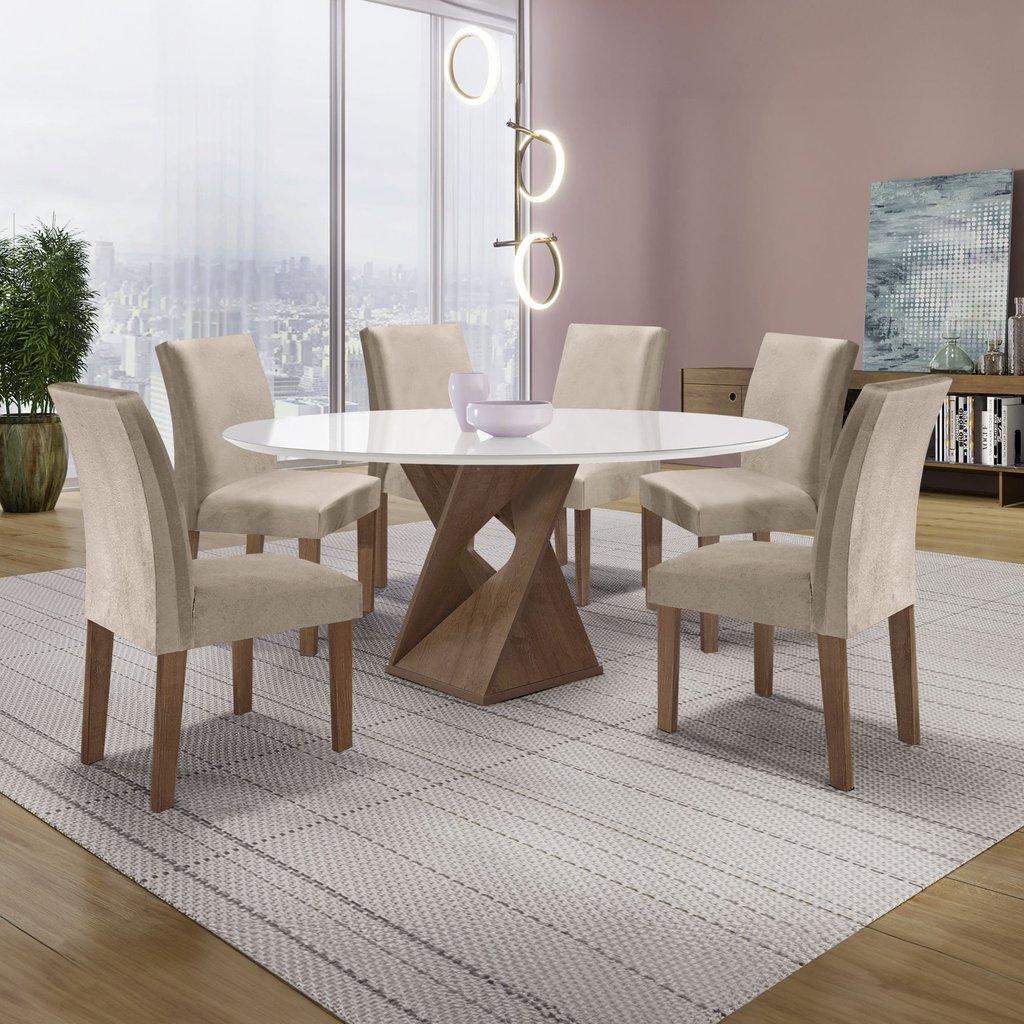 Conjunto Mesa Barcelona 120cm com 6 Cadeiras Espanha Tampo Plus Redondo Vidro Yescasa Chocolate/Off White/Boucle Bege