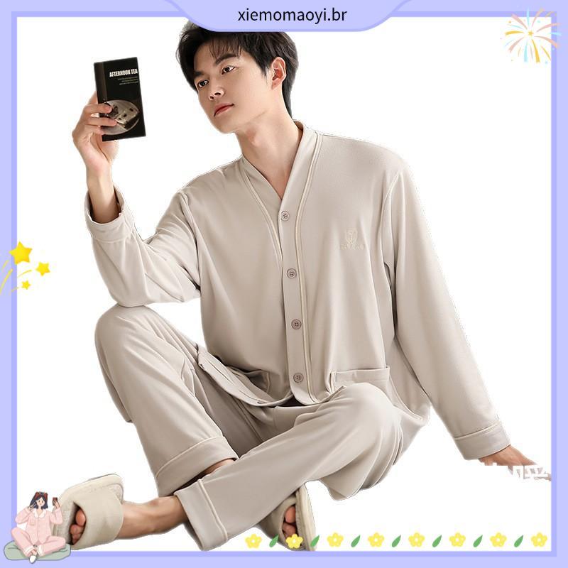 Pijama Adulto Plus Size Masculino Longo Inverno Abertura Frontal Com Botões