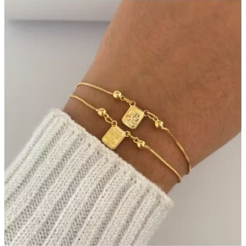 Pulseira folheada a ouro 18K Escapulário Nossa Senhora Aparecida com Sagrado Coração de Jesus