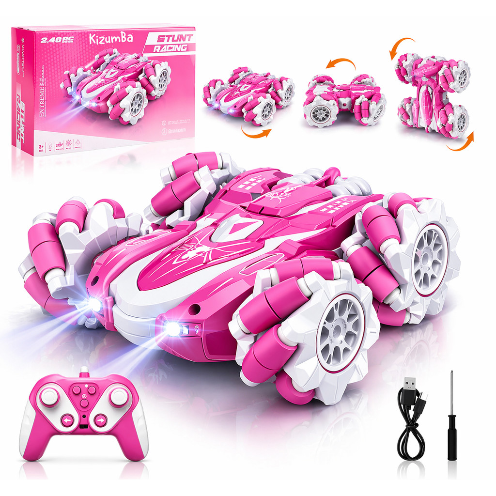 Carrinho De Controle Remoto Acrobatico Homem Aranha Rosa 360 Graus Pirueta Luz LED Stunt Car Kizumba