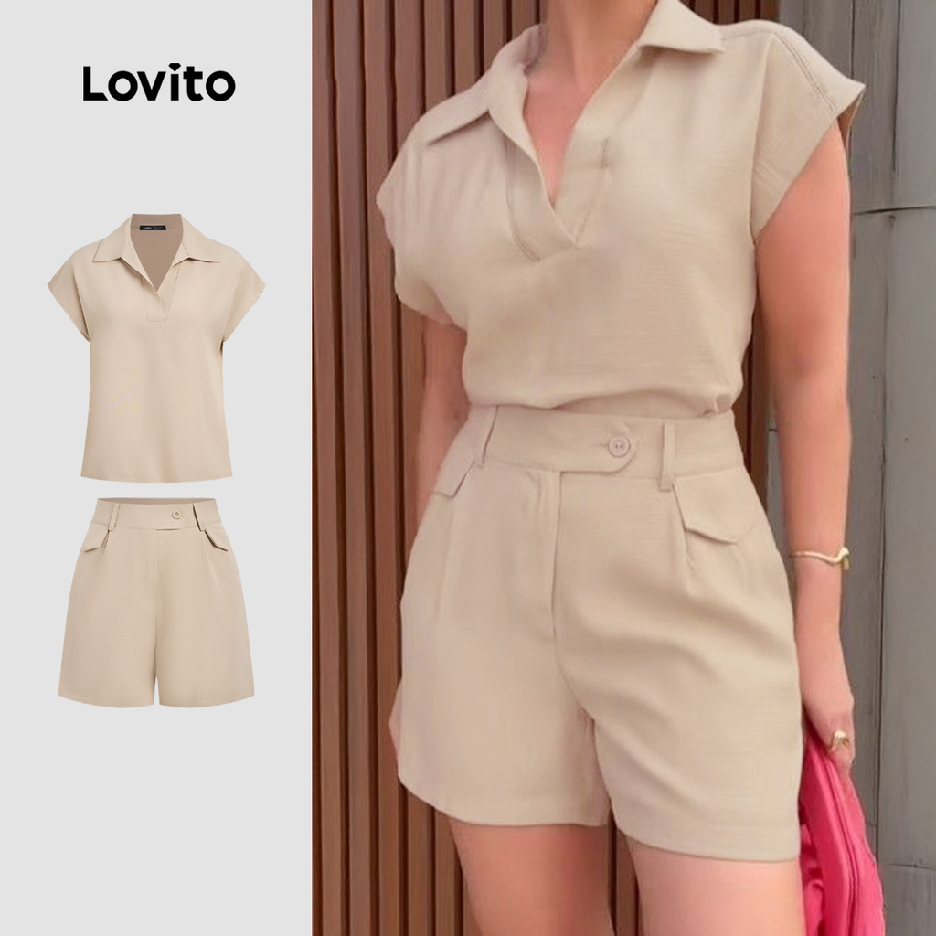 Lovito Tops ou calças casuais assimétricas primavera/verão cáqui tops ou calças para mulheres LK3LD375