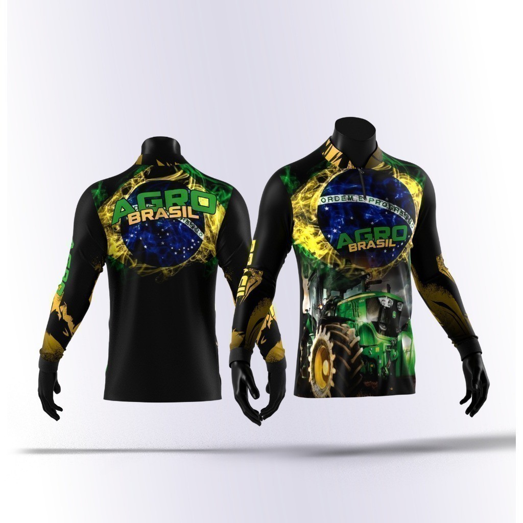 Kit Camiseta Agro Trator + Bandeira do Brasil | Camiseta Manga Longa UV50+ Dry Fit