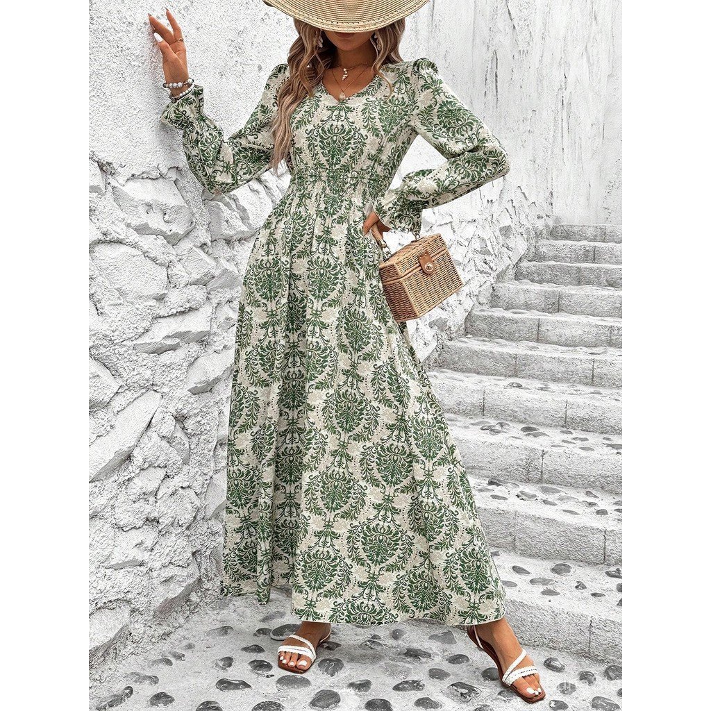 Moda Feminina Europeia e Americana 2026, Vestido Longo Estampado de Primavera, Decote em V, Manga Longa, Vestido Evasê 0
