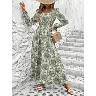 Moda Feminina Europeia e Americana 2026, Vestido Longo Estampado de Primavera, Decote em V, Manga Longa, Vestido Evasê 0