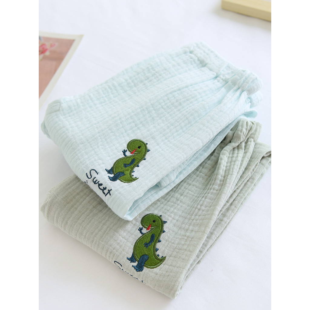 Crianças primavera verão fino puro algodão gaze calças de pijama meninos bordado dinossauro bonito dos desenhos animados