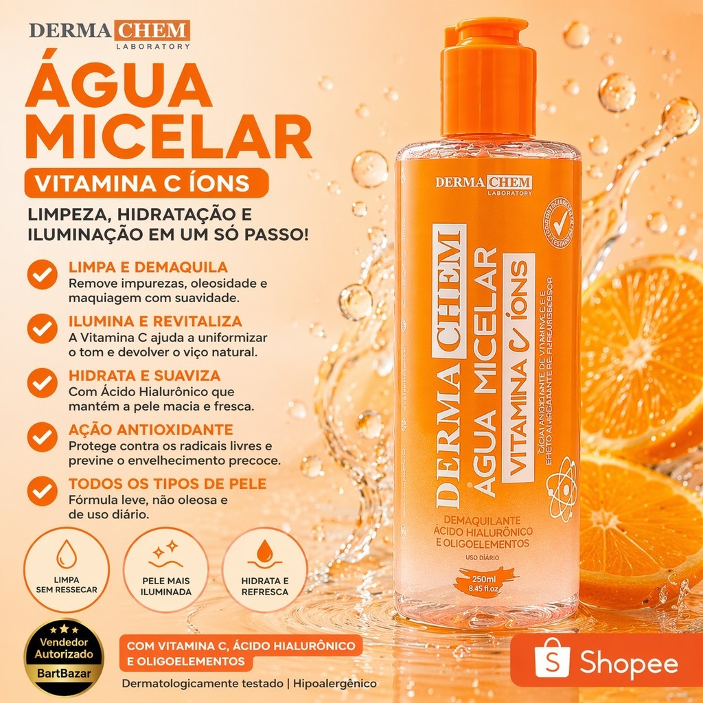 Agua Micelar Dermachem Vitamina C 250ml Demaquilante Facial Antioxidante  Limpeza Profunda Original