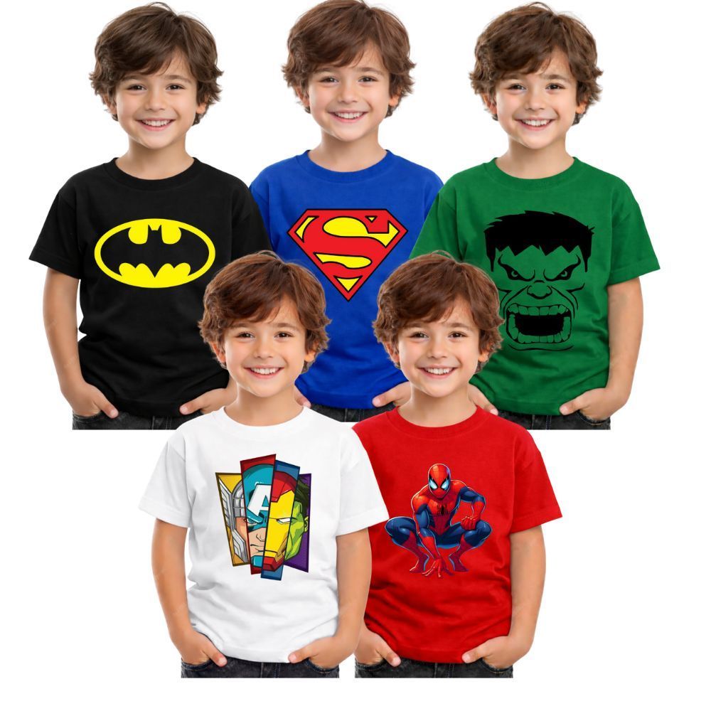 Kit 5 Camisetas Infantil Marvel DC 5 Peças Heróis Vingadores Super Homem Algodão Estampada Homem Aranha Hulk