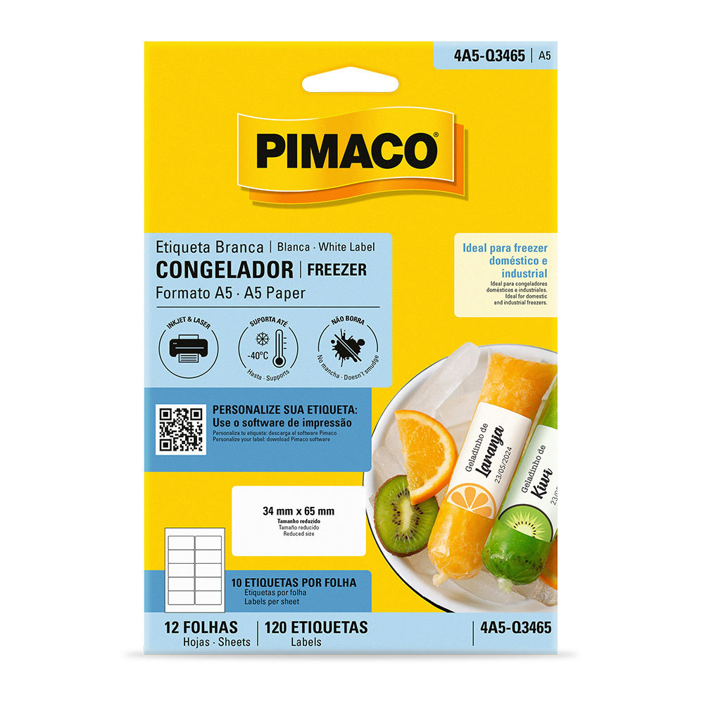 Etiqueta inkjet/laser para congelador e freezer 4A5Q3465 com 12 folhas Pimaco