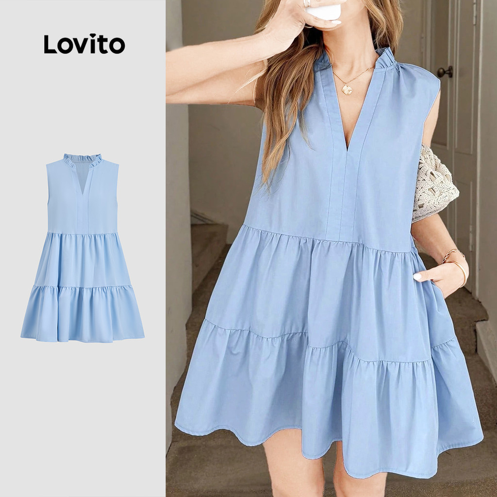 Lovito Casual Vestido plissado em camadas comute primavera/verão vestido azul pa
