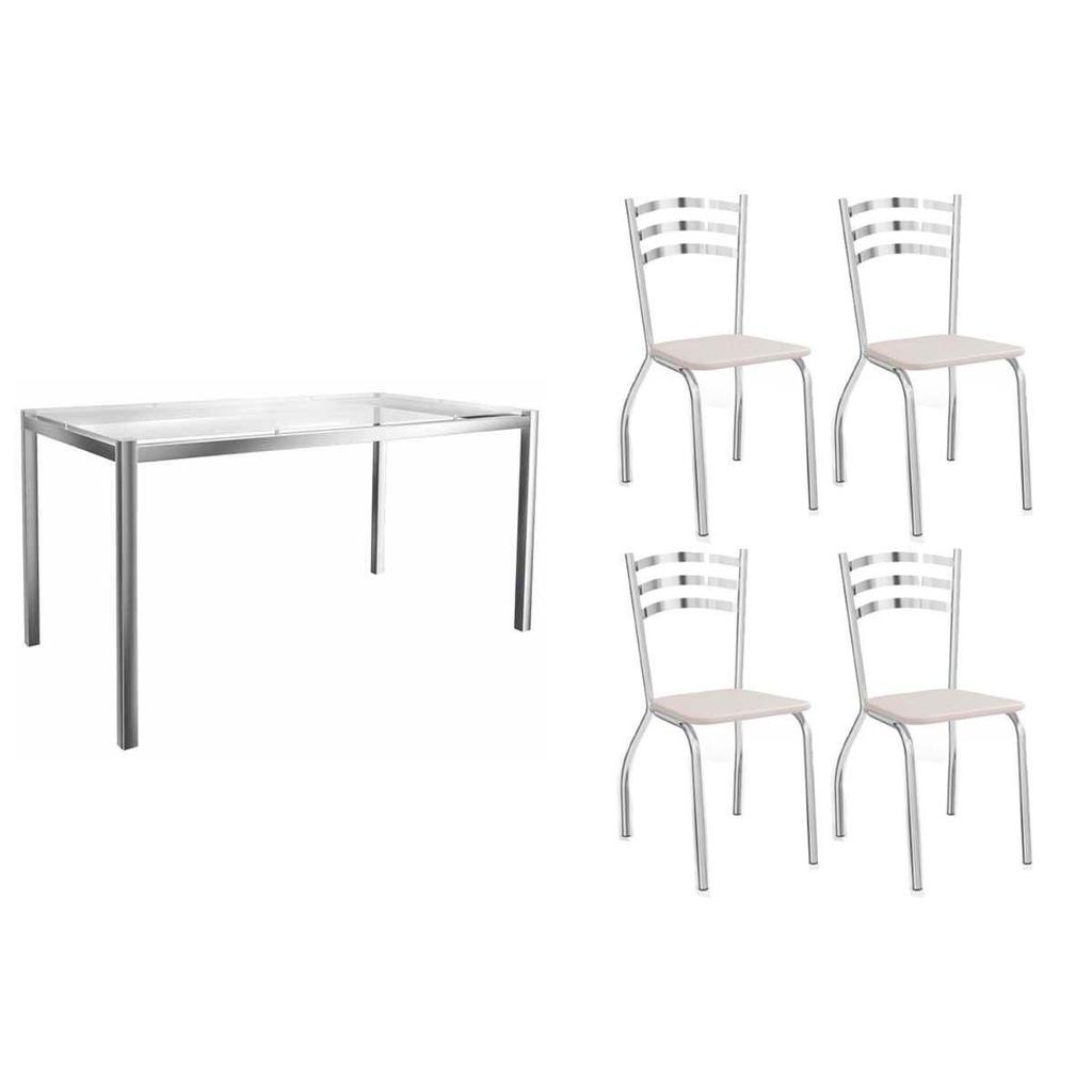Sala de Jantar Completa Reno c/ Tampo Vidro 150x80cm e 4 Cadeiras Portugal Cromada - Assento Branco 106 - Kappesberg