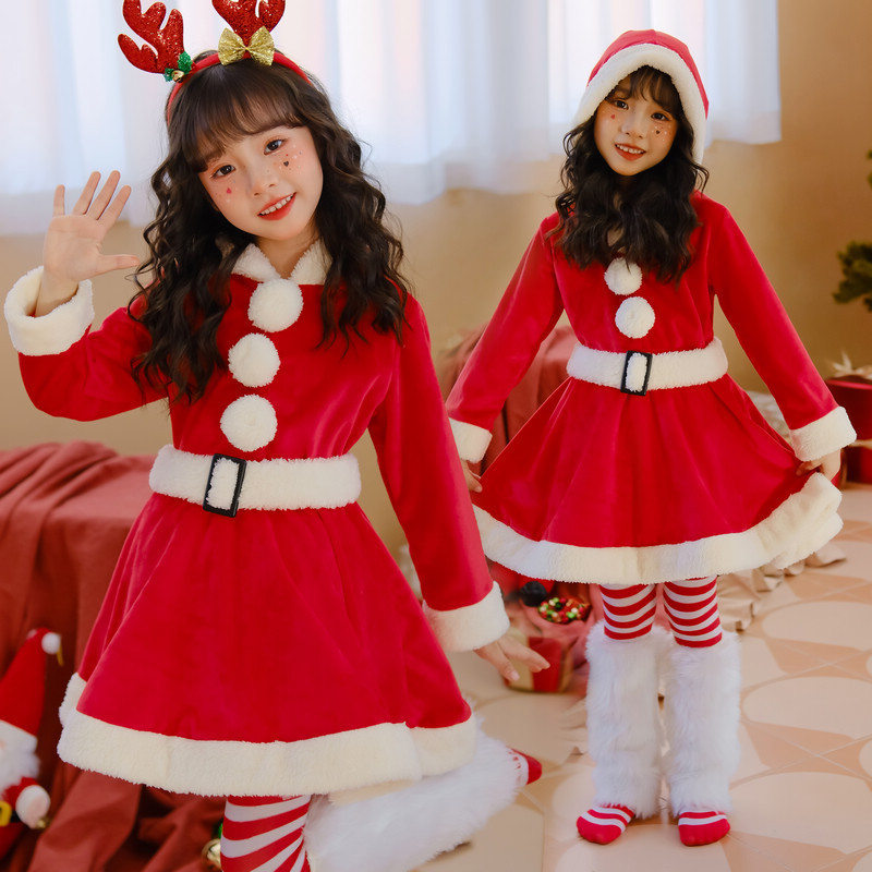 Crianças papai noel manga longa versão japonesa natal traje das crianças Elk vestido saia vermelha jardim de infância fe