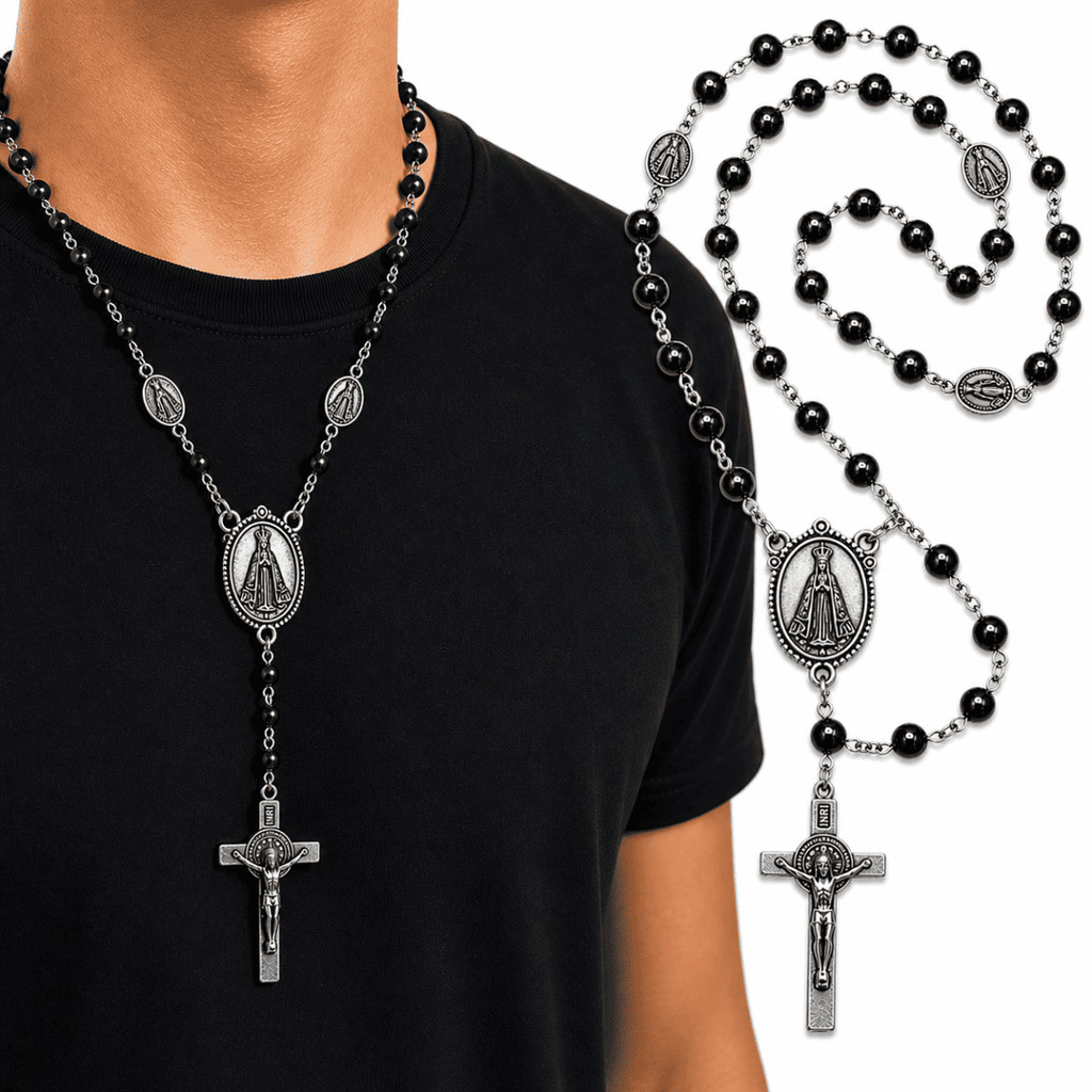 Colar Terço Hematita Nossa Senhora Pescoço Medalhas 51cm Inox
