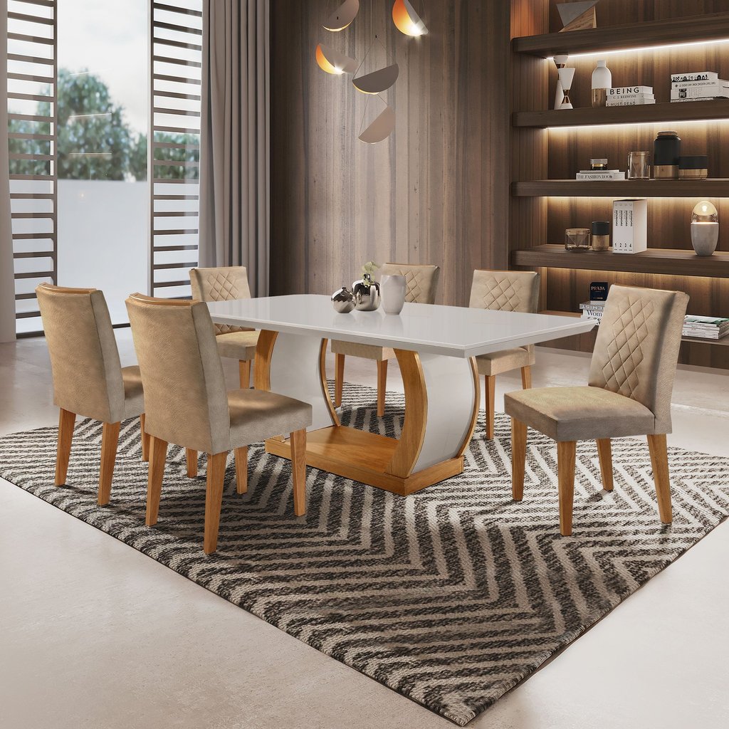 Conjunto Sala de Jantar Mesa e 6 Cadeiras Kate Yescasa Marrom/Animalle Chocolate Off White/Imbuia Animalle Chocolate Off