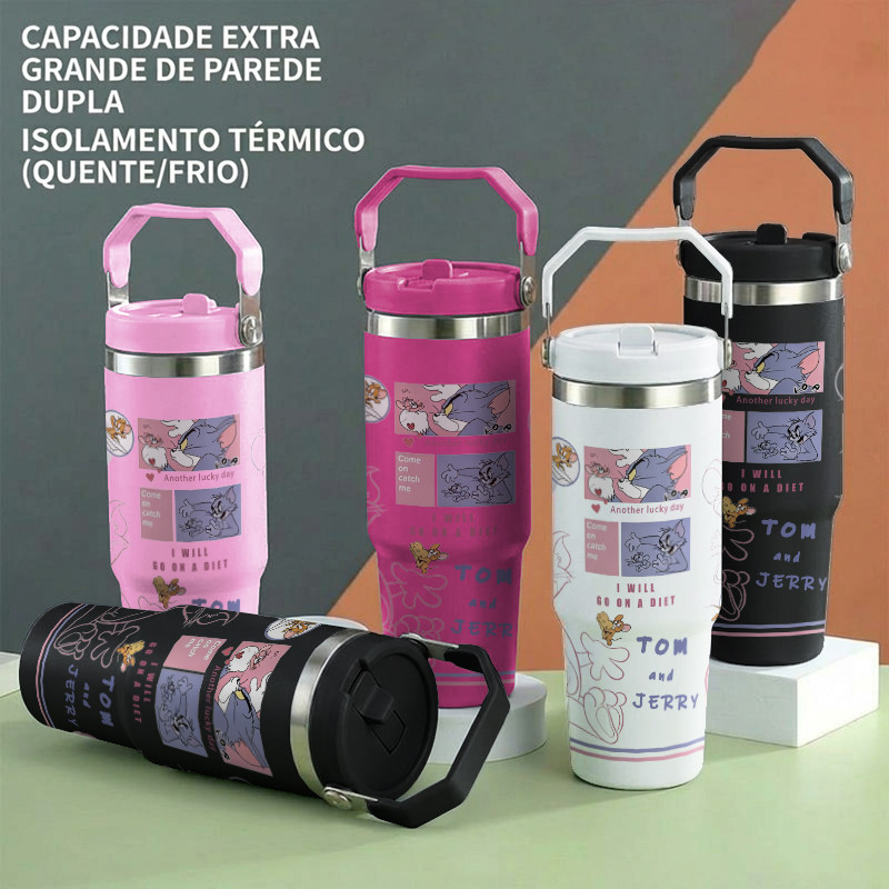 Gato E Rato Copo De Água De 900ml De Grande Capacidade Garrafa Térmica De Aço Inoxidável Com Alça