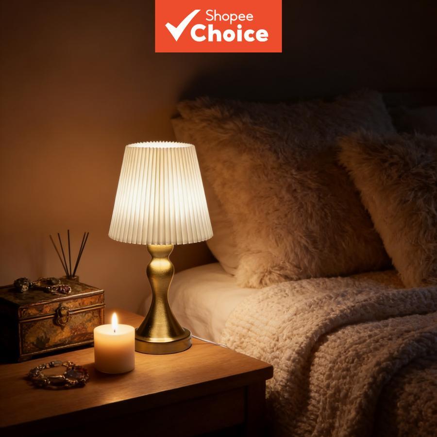 Luminária de Mesa Vintage Plissada, de Tomada para Quarto, Luminária Decorativa Noturna com Base Dourada, Luz de