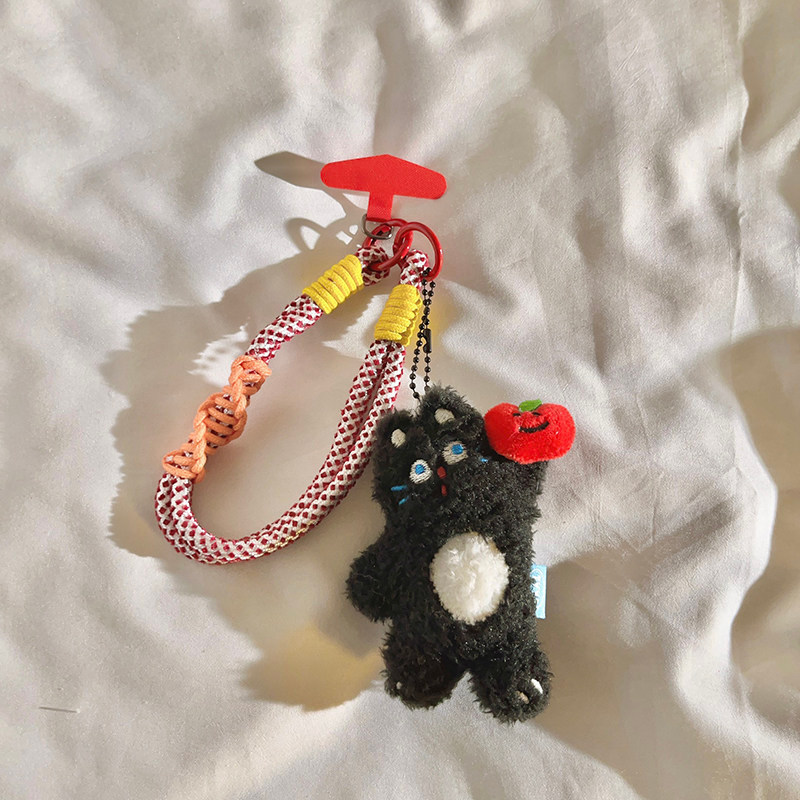 Pelúcia levantar pequena maçã gato preto pingente cordão curto adequado para capa de telefone multifuncional estudante b